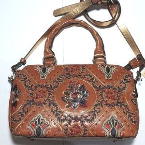 Patricia Nash Angelin Embroidered Leather Satchel Brown Gold